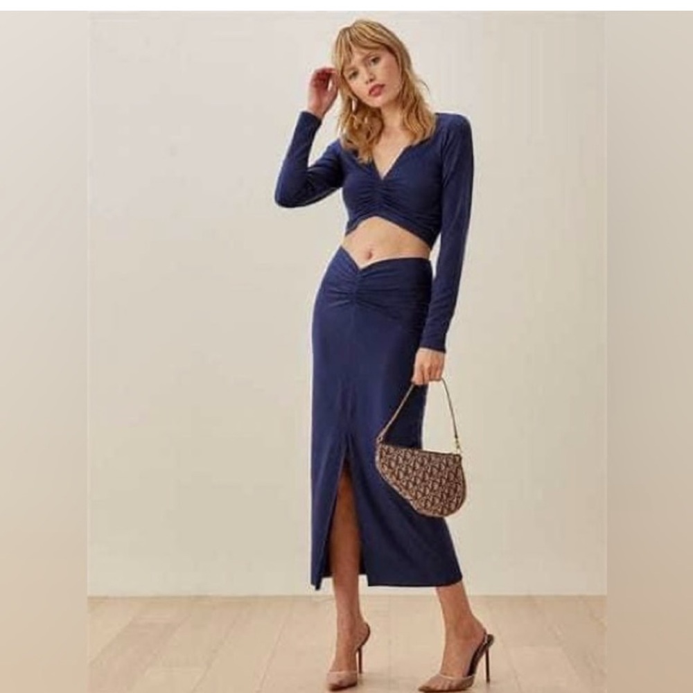 Reformation Navy Blue Long Sleeve Two Piece Crop Top and Skirt